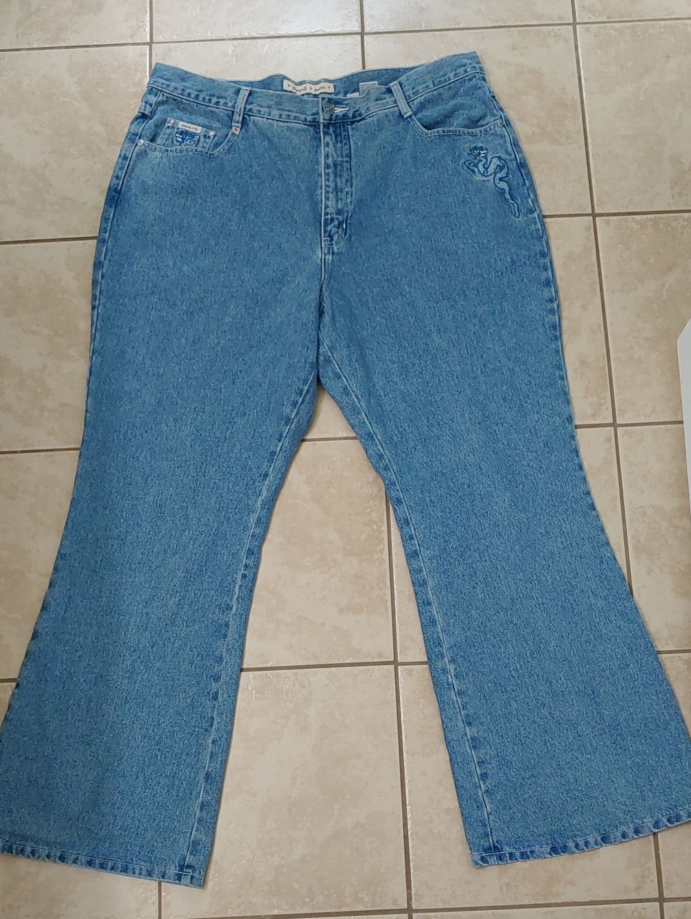 Vintage Y2K Flare Jeans Zana Di Dragon Embroidered Pockets Women's Size 20